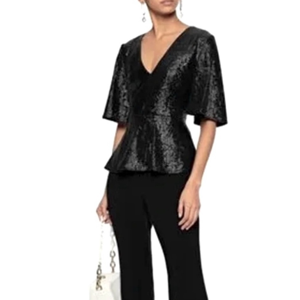 Rachel Zoe Clover black mini sequin V-neck short sleeve peplum top size 4 NWT